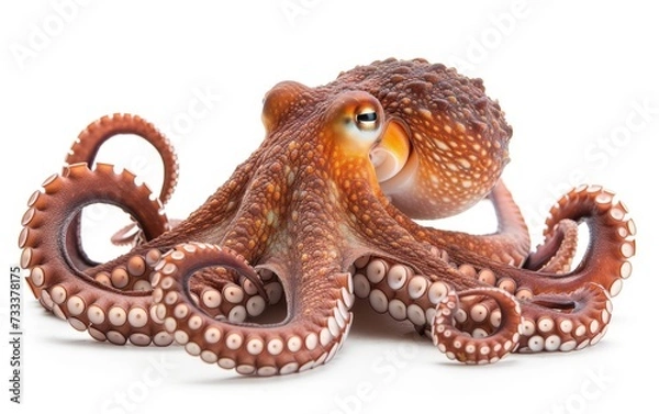 Fototapeta Full body display of an octopus with its arms spread out, isolated on a white background.