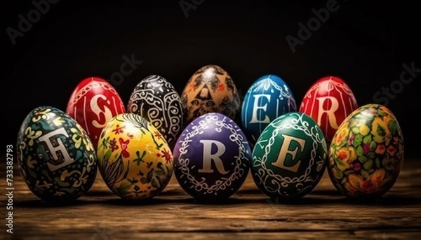 Fototapeta Easter eggs with letters and numbers pattern, on black wood texture theme background