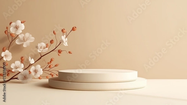 Fototapeta Empty white product display with sacura branch on a beige background in pastel shades. Generated AI.