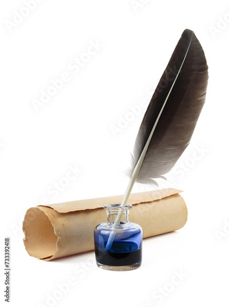 Fototapeta Feather with parchment and inkwell isolated. Calligraphy, old education, vintage handwriting