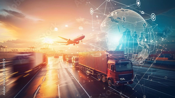 Obraz dynamic transportation and logistics concept, showcasing various modes of freight transport such as trucking and aviation, integrated with digital connectivity and global networking.