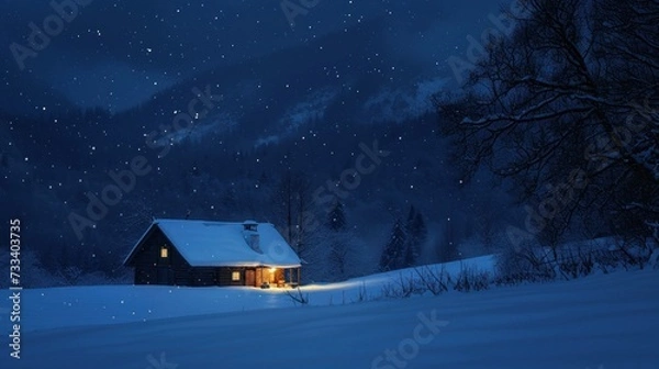 Obraz  a cabin sits in the middle of a snowy field at night with the moon in the sky and stars in the night sky above the cabin and trees in the foreground.