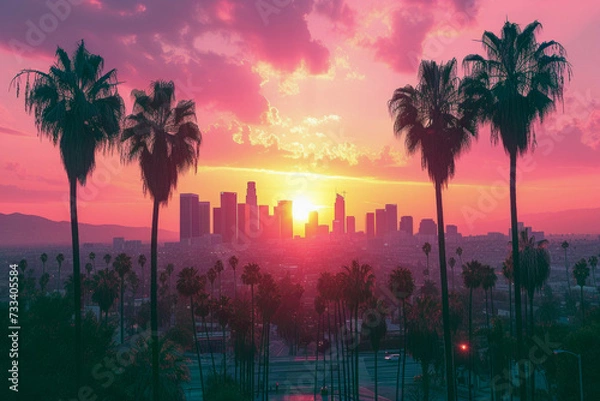 Fototapeta Beautiful sunset of Los Angeles downtown skyline and palm trees in foreground
