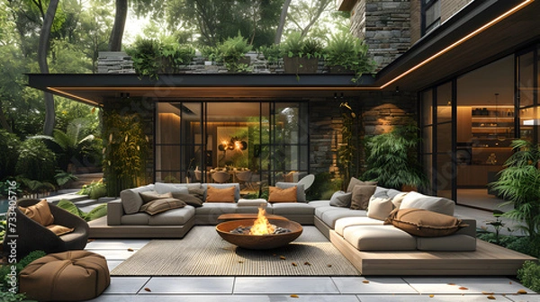 Fototapeta A stylish outdoor patio. Comfortable lounge chairs and fire pit. Created with generative AI.
