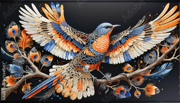 Fototapeta Very colorful and detailed illustration of a decorated bird spreading its wings while flying