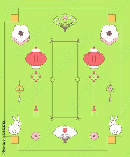 Obraz Green Chinese Spring festival background. Set of vector elements in Asian style. Japanese style. Decoration set. Vector illustration