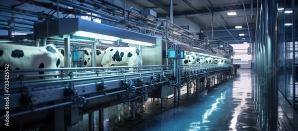 Obraz A cow in process of being milked by a robotic machine modern