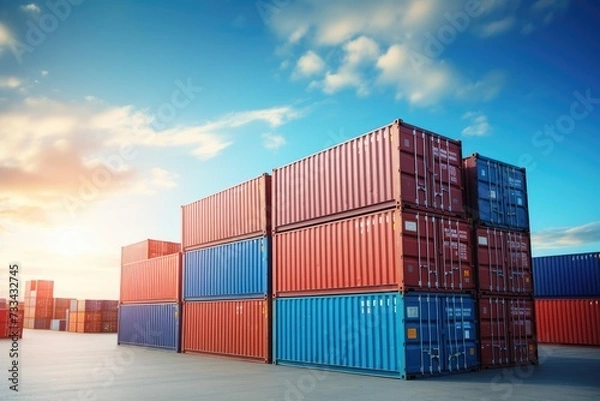 Fototapeta Stos niebieskich pojemników z tłem nieba. Wysyłka towarowa dla logistyki importowej i eksportu