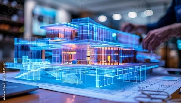 Obraz Digital Building Information Modeling (BIM), digital Building Information Modeling (BIM) technology with an image depicting architects, engineers,