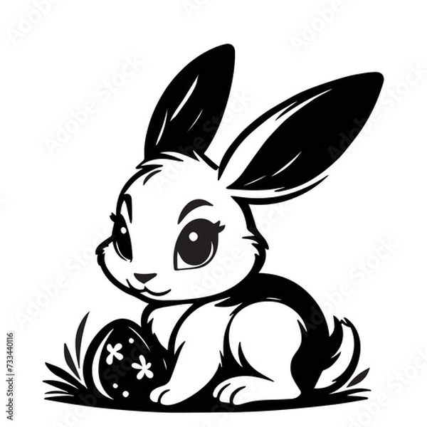 Fototapeta Bunny with Easter egg vector drawing, black silhouette on transparent background, holiday print for stencil