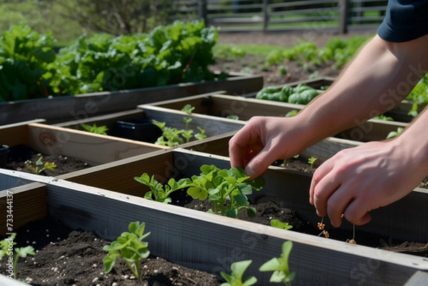 Fototapeta Hands planting seeds in raised garden beds, beginning the journey of growth and abundance in the April garden