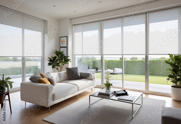 Fototapeta Roller blinds positioned within the indoor space. White roller shades covering the windows within the living area. A houseplant and a couch are present in the room. Motorized curtains integrated into