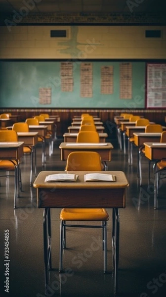 Fototapeta Empty classroom with yellow chairs and blackboard. Generative AI.