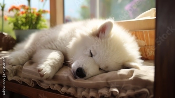 Fototapeta The puppy is sleeping in the room. The dog is resting