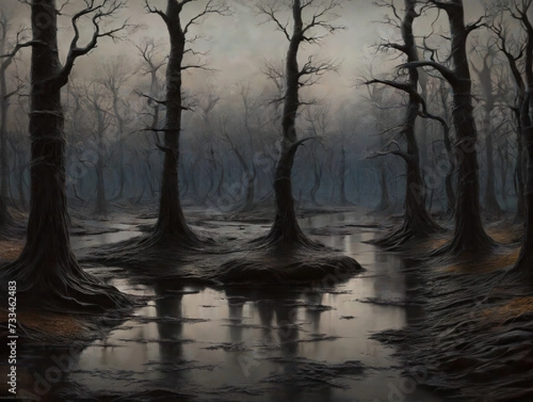 Obraz forest, swamp, trees, water, flood, mud