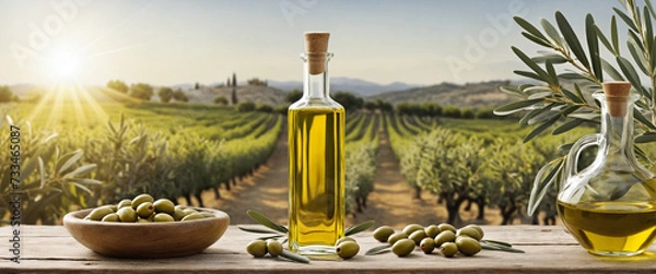 Fototapeta golden olive oil bottles with olives leaves and fruits setup in the middle of rural olive field with morning sunshine as wide banner with copyspace area 