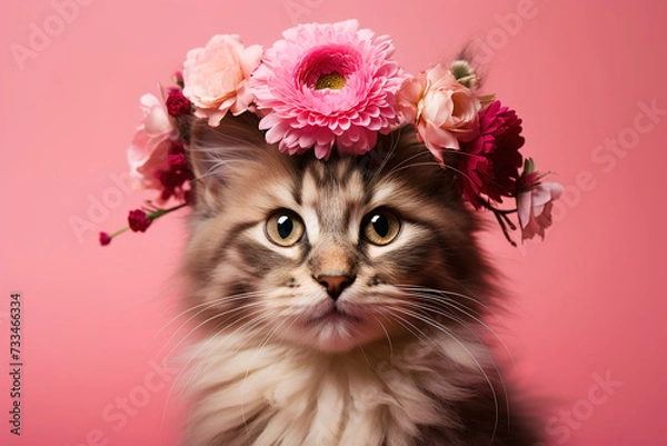 Fototapeta portrait of tabby cat with flowers crown on head on a pink background