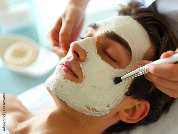 Obraz Young man receiving a refreshing facial mask at a beauty spa