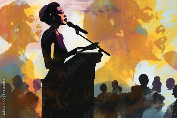 Obraz a black woman standing at a podium speaking to a crowd of listeners and inspiring them