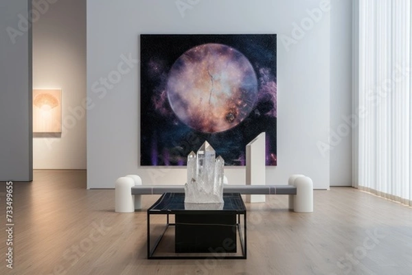 Fototapeta Modern interior with a large galaxy painting and a geometric crystal sculpture on a coffee table.