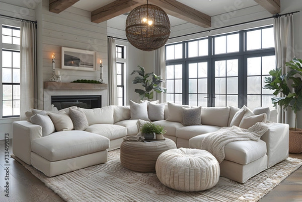 Fototapeta A stylish living room with a statement chandelier and a comfortable sectional sofa. Created with generative AI.