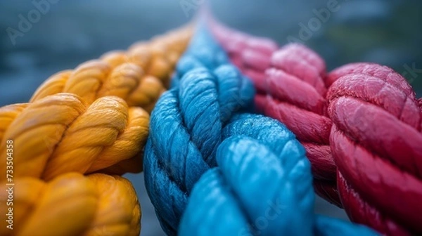 Fototapeta Team rope diverse strength connect partnership together teamwork unity communicate support. Strong diverse network rope team concept integrate braid color background cooperation empower power. Join
