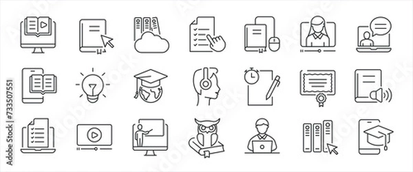 Fototapeta E-Learning thin line icons. Editable stroke. For website marketing design, logo, app, template, ui, etc. Vector illustration.