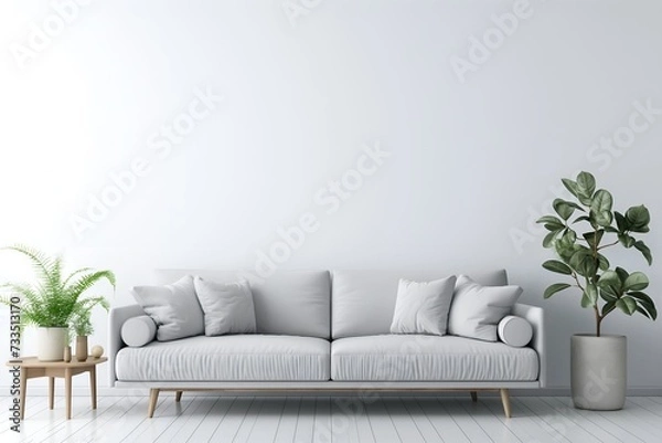 Fototapeta Interior Living Room, Empty Wall Mockup In White Room With Grey Sofa And Green Plants, 3d Render Real Room Template
