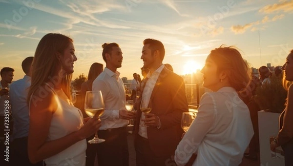 Fototapeta Group of professionals business people enjoying a rooftop party
