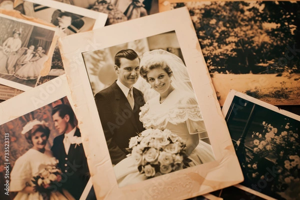 Fototapeta Capturing Love in Instant Frames: A Collection of Polaroid Photos from a 60s or 70s Wedding Photoshoot – Nostalgic Moments Frozen in Time.