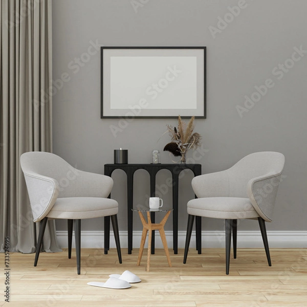 Fototapeta Mockup poster frame in empty picture interior on wall modern style illustration 3d rendering..