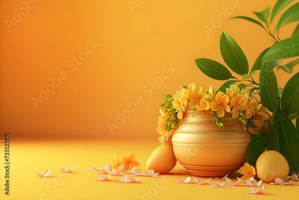 Fototapeta Traditional Indian kalash, marigold flower garland with mango leaf on yellow background. Ugadi or Gudi Padwa celebration. Hindu New Year. Religion and ethnic concept. For banner, greeting card, poster