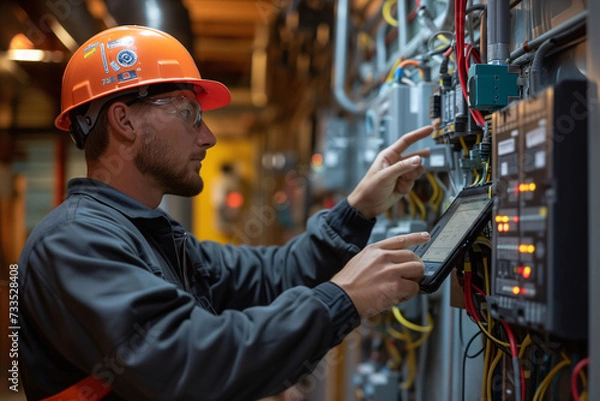 Fototapeta Technical worker performing maintenance work in a facility using a tablet to perform diagnosis. Concept of labor day, maintenance, trades.