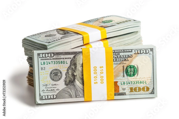 Obraz Bundles of 100 US dollars 2013 edition banknotes (bills) isolate