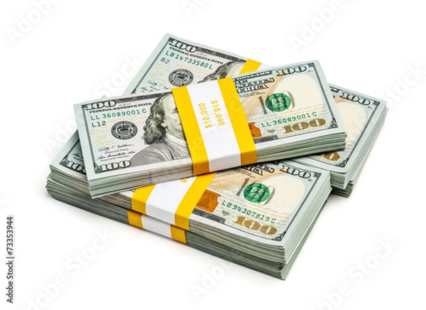 Obraz Bundles of 100 US dollars 2013 edition banknotes (bills) isolate