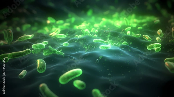 Fototapeta Various shapes of bacteria, probiotics under microscope, science, medicine concept background