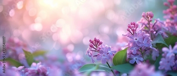 Obraz Beautiful green leaves and blooming lilac in a spring park on a bright sunny day. Natural colorful background, banner with copy space. Generated AI