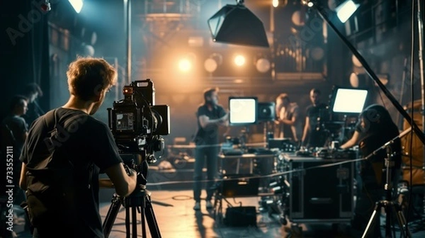 Fototapeta Inside the filmmaking process with a crew handling cameras, lighting, and set design on a film set.