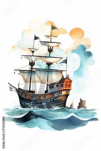 Obraz Pirate ships and sail in watercolor style on white background Created with Generative AI technology.