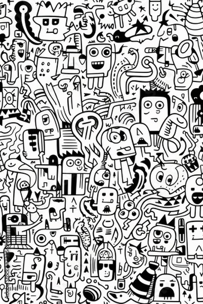 Fototapeta Illustration of coloring book doodle crowd cute alien monster Created with Generative AI technology.