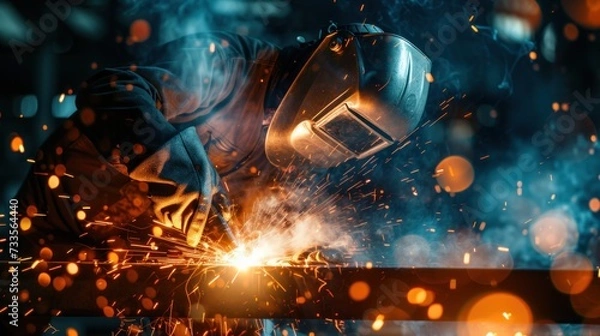 Fototapeta Industrial welder in action welding sparking bokeh in factory