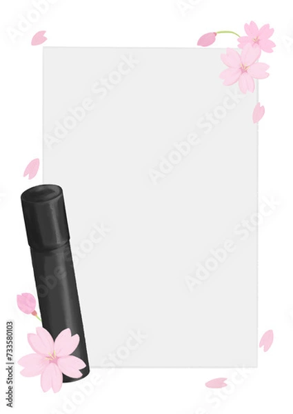 Obraz 桜と卒業証書入れのフレーム、アナログ手描き風味、コピースペース有り、メッセージカード、縦