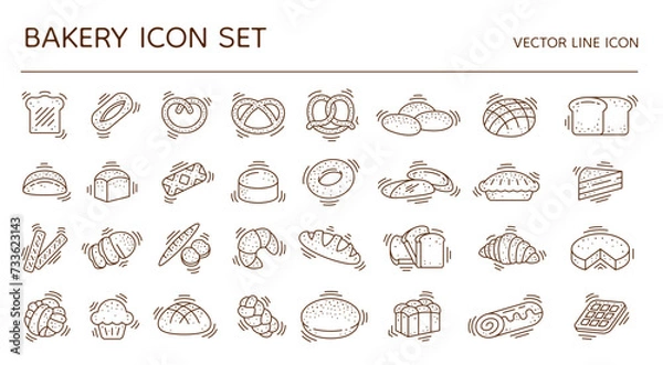 Fototapeta Bread icons. Bakery logo. Line pastry. Bun or loaf. Baking food. Croissant and roll. Sweet cake logotype. Wheat bagel or pretzel. Baguette for toast slices. Vector outline symbols set