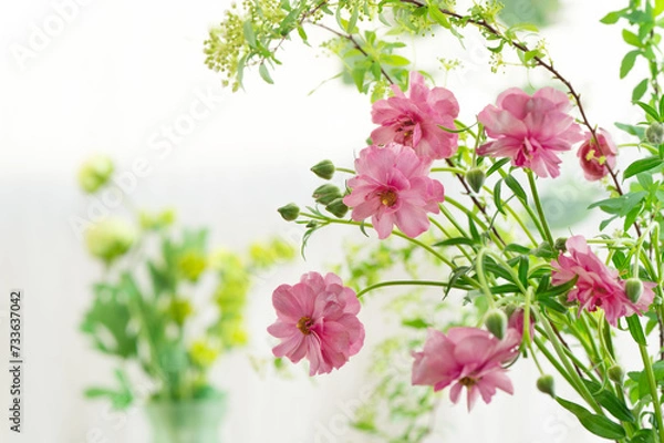 Obraz ピンク色のラナンキュラスラックスと小手毬