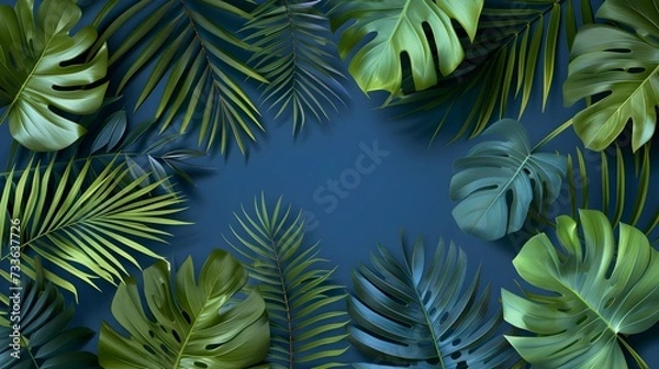 Fototapeta Collection of Tropical Leaves on Blue Background