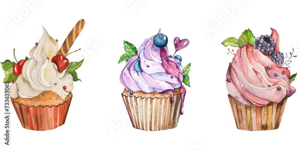 Fototapeta set of watercolor cakes with cream and berries: blackberries blueberries cherries. with heart-shaped lollipop leaves and cookies. illustration isolated on white background. for menu, advertising.