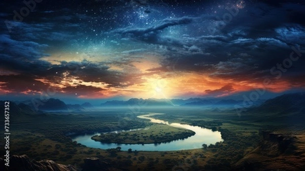 Fototapeta Sunset of river with glowing sky