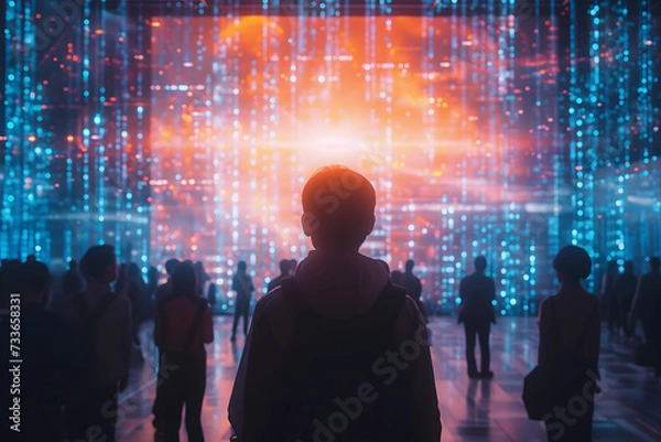 Obraz Distributed crowd of people standing in front of giant glowing screen with flash of light in the center