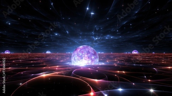 Fototapeta Glowing particle between flowing photons in space