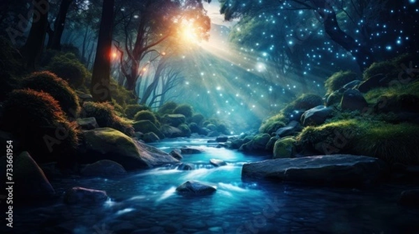 Fototapeta Glowing lights shining in a river with bushes and trees around